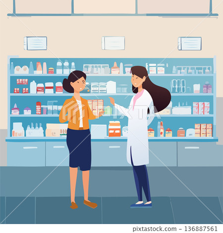 Pharmacist consulting customer at pharmacy counter - healthcare and medication advice concept 136887561