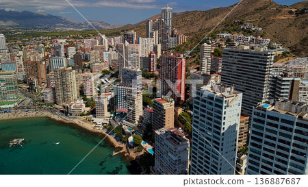 Aerial view of Benidorm coastal skyline with high rise buildings and Mediterranean shoreline Spain Aerial view of Benidorm coastal skyline with high rise buildings and Mediterranean shoreline Spain 136887687