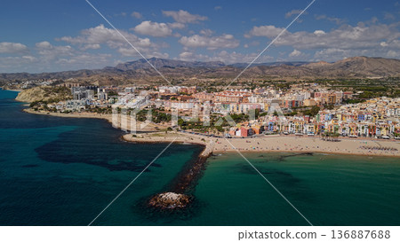 Aerial panorama of Villajoyosa coastline with colorful old town beach and Mediterranean sea Spain 136887688