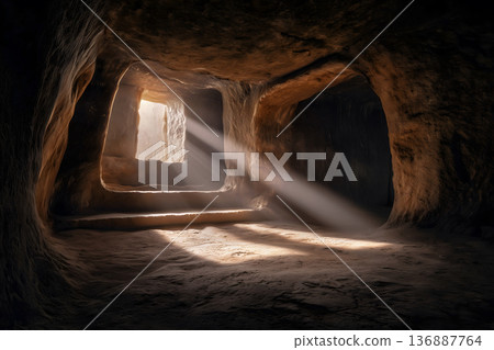 Cave with a light shining through it Cave with a light shining through it 136887764