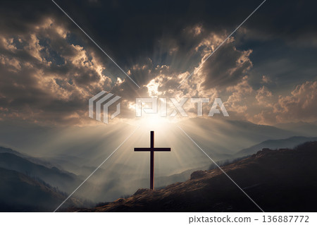 Large wooden cross is on a mountain top Large wooden cross is on a mountain top 136887772