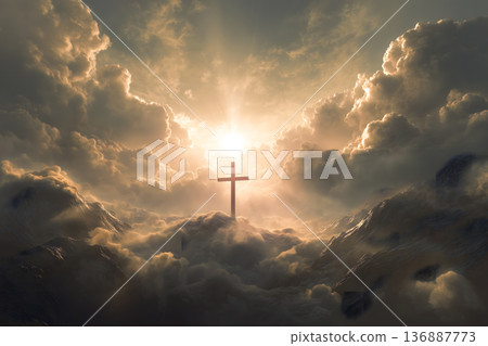 Cross is in the sky above a mountain Cross is in the sky above a mountain 136887773
