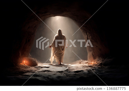 Man in a white robe stands in a cave 136887775