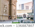 MACAU CHINA - DECEMBER 27 2025: Macau Fishermans Wharf architecture with roman style statues and building facade travel tourism landmark entertainment district luxury resort concept 136887807