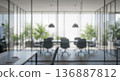 blurred background modern office interior with glass walls meeting table chairs green plants bright daylight suitable for virtual meetings video conferences corporate presentations business 136887812