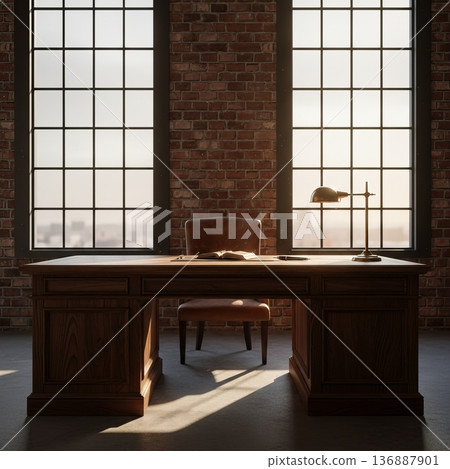Luxury Home Office Interior with Classic Wooden Desk and Industrial Brick Walls 136887901