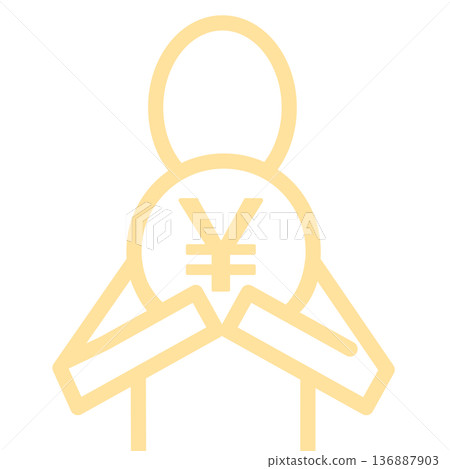 Savings, asset management, price display, cost, monetary value, person icon holding a large yen coin in both hands Savings, asset management, price display, cost, monetary value, person icon holding a large yen coin in both hands 136887903