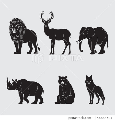 set of silhouettes of wild animals on gray background set of silhouettes of wild animals on gray background 136888304