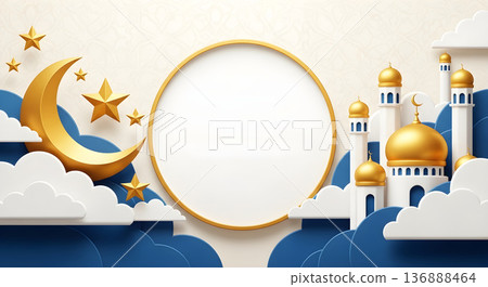 Elegant Islamic Celebration Background with Golden Frame and Mosque 136888464