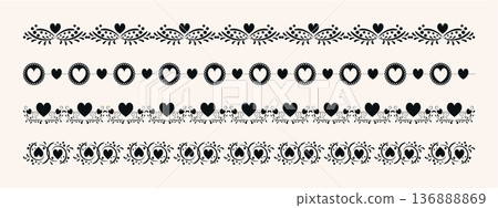 Black lace heart border set. Vector seamless decorative trim with floral embroidery, crochet patterns, and hearts, symbolizing Valentine wedding decoration, romantic design and vintage divider. 136888869