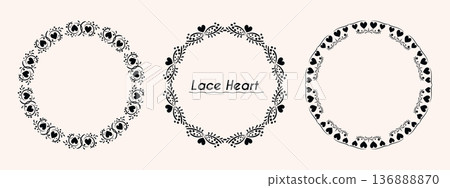 Black lace heart wreath set. Vector circular borders with floral embroidery and filigree edges, symbolizing Valentine romance and vintage wedding decoration. 136888870