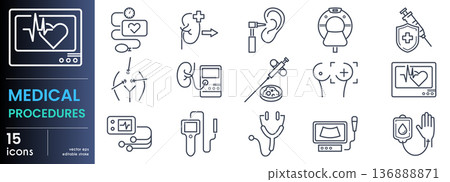 Medical Procedures line icon set. Cardiac monitor, tonometer, ear examination, kidney transplant, MRI scanner, laparoscopy minimal vector illustration. Outline signs for hospital. Editable Stroke. 136888871