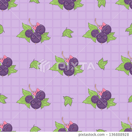 Seamless Pattern with Blackcurrant Family. Cute Kawaii Cartoon Berry Mom, Dad and Baby Currant Characters on Purple Plaid Background. Vector illustration. Not AI 136888928