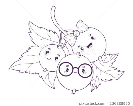 Outline Kawaii Blackcurrant Berry Family. Coloring Page. Cute Mom, Dad and Baby Currant Characters. Line Art drawing. Kids collection. Vector illustration. Not AI 136888930