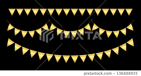 Golden triangle party bunting border. Gold festive flag garland. Birthday party bunting. Yellow flag ribbon chain. Carnival banner. Design element. Vector illustration isolated on black background Golden triangle party bunting border. Gold festive flag garland. Birthday party bunting. Yellow flag ribbon chain. Carnival banner. Design element. Vector illustration isolated on black background 136888935