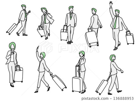 圖：一群身著西裝的商務人士拉著行李箱行走 136888953