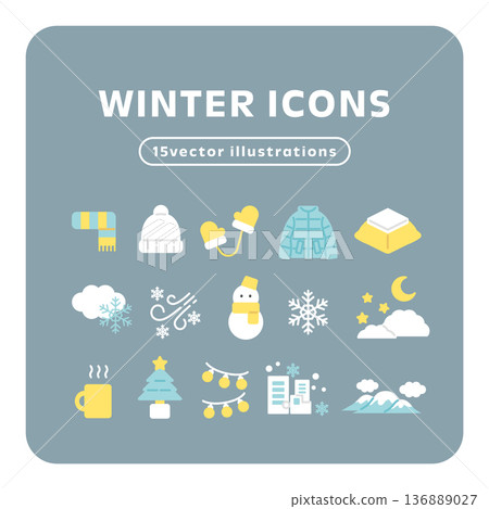 A set of 15 winter icons in soft colors: snow, cold weather, Christmas, and cityscapes A set of 15 winter icons in soft colors: snow, cold weather, Christmas, and cityscapes 136889027
