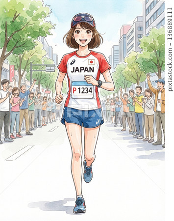 Beautiful young runner running in a marathon 136889111