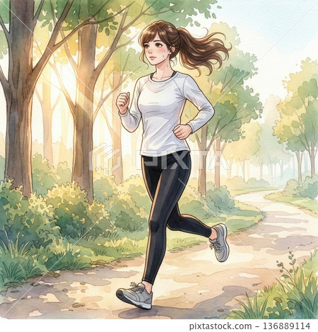 年輕女子在秋日的公園慢跑 136889114