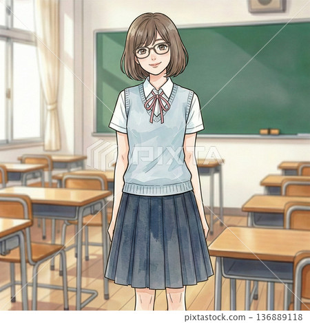 一位戴著時尚眼鏡的可愛高中女生在教室裡擺姿勢拍照 136889118