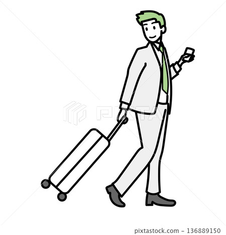 Stock Illustration: A businessman wearing a suit and pulling a carry case while operating a smartphone Stock Illustration: A businessman wearing a suit and pulling a carry case while operating a smartphone 136889150