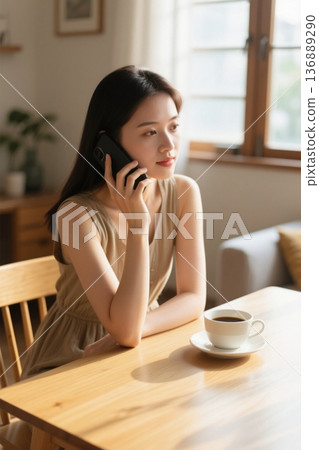 阳光洒落在女孩身上她优雅地通电话 136889290