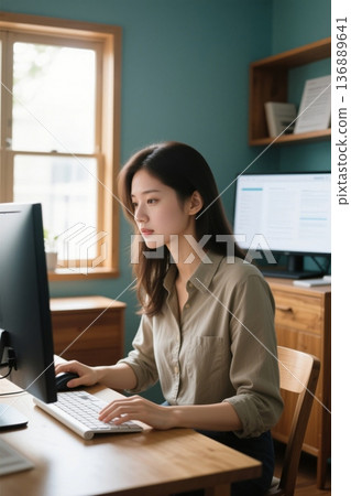 Young woman works diligently from home 136889641