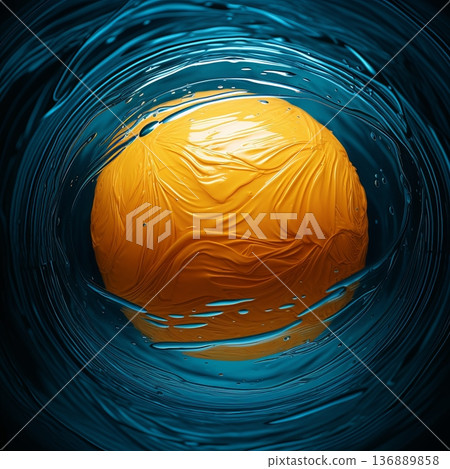 Abstract Sphere Surrounded by Swirling Fluid, Artistic Concept, Vibrant Colors, and Creative Design 136889858