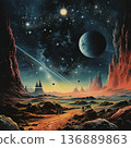 Spectacular Alien Planet Landscape with Towering Rocks, Celestial Bodies, and Starlit Sky. 136889863