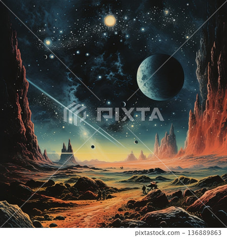 Spectacular Alien Planet Landscape with Towering Rocks, Celestial Bodies, and Starlit Sky. 136889863