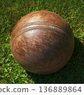 Vintage Brown Leather Ball on Green Grass Nostalgic Sports Equipment for Recreation. 136889864
