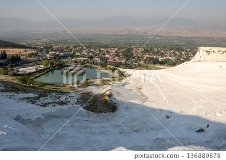 Breathtaking View of Pamukkales Terraces and Surrounding Landscape in Turkey During the Daylight Hours 136889878