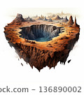 Surreal Floating Island Landscape with Deep Crater and Distant Peaks, Fantasy World Scene 136890002