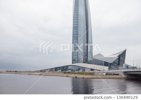 Beautiful View of Lakhta Center Rising Above the Neva River in St Petersburg on a Cloudy Day Beautiful View of Lakhta Center Rising Above the Neva River in St Petersburg on a Cloudy Day 136890129