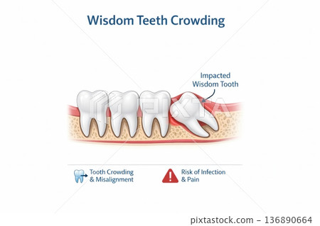 Impacted Wisdom Tooth Causes Crowding and Misalignment in Adjacent Teeth in Human Mouth With Possible Risk of Pain and Infection 136890664