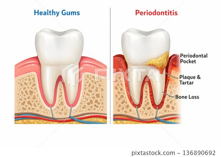 Comparison of Healthy Gums and Periodontitis Showing Dental Health Issues With Clear Visual Differences in Gum Condition and Surrounding Bone Structure 136890692