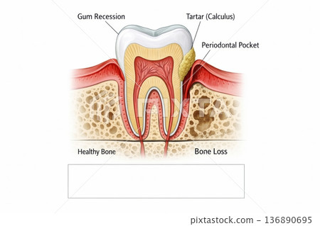 Diagram Showing Dental Issues Like Gum Recession and Tartar With Details on Periodontal Pocket and Bone Loss 136890695