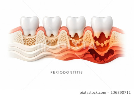 Graphic Shows the Effects of Periodontitis on Teeth and Gums With Detail on Bone Loss and Tissue Changes Near Teeth 136890711