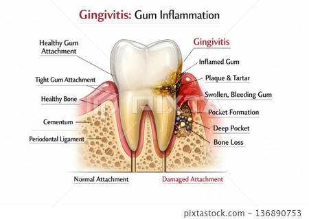 Understanding Gum Inflammation and Its Effects on Dental Health With Clear Illustrations of Affected Areas and Healthy Structures 136890753