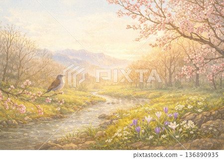 春日溪流與櫻花美景 136890935