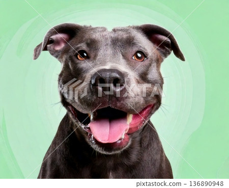a happy smiling blue pitbull dog 136890948