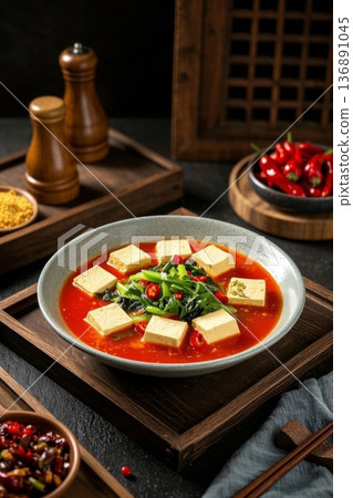 红汤豆腐菜肴特写 136891045