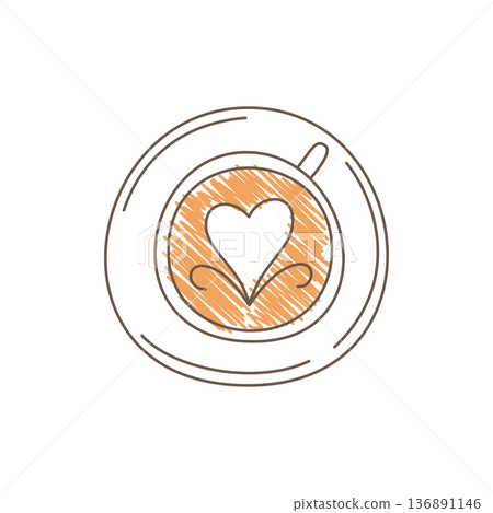 Hand Drawn Sketch Of A Cappuccino Cup With A Heart Latte Art Top View On Saucer Hand Drawn Sketch Of A Cappuccino Cup With A Heart Latte Art Top View On Saucer 136891146