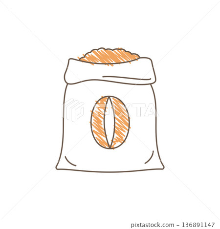 Hand Drawn Sketch Of An Open Coffee Bean Bag With A Stylized Label And Grains Hand Drawn Sketch Of An Open Coffee Bean Bag With A Stylized Label And Grains 136891147