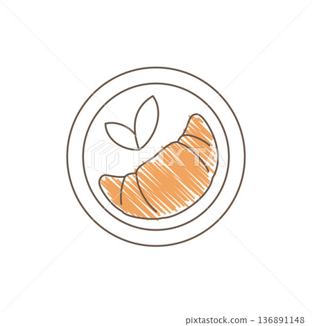 Hand Drawn Sketch Of A Flaky Croissant On A Plate With Decorative Leaf Sprig Hand Drawn Sketch Of A Flaky Croissant On A Plate With Decorative Leaf Sprig 136891148