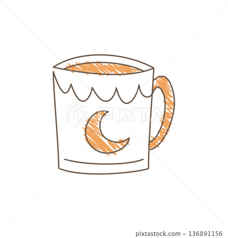 Hand Drawn Sketch Of A Coffee Mug With Crescent Moon Design And Orange Accent Hand Drawn Sketch Of A Coffee Mug With Crescent Moon Design And Orange Accent 136891156