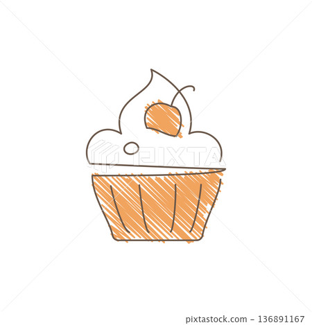 Hand Drawn Sketch Of A Cupcake With Fluffy Cream Topping And Orange Cherry Hand Drawn Sketch Of A Cupcake With Fluffy Cream Topping And Orange Cherry 136891167