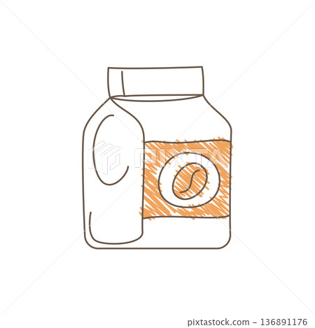 Hand Drawn Sketch Of A Coffee Bean Bag With Orange Rectangle And Circular Logo 136891176