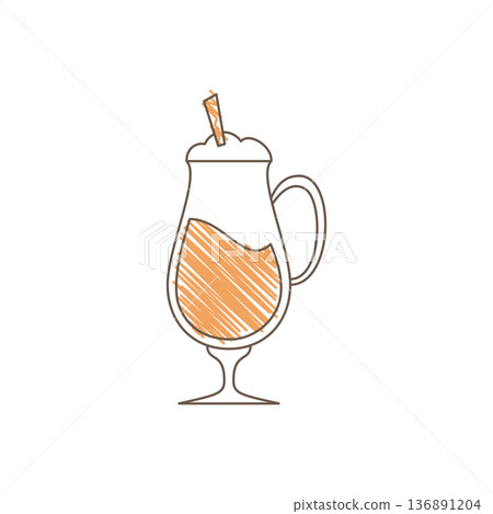 Hand Drawn Sketch Of A Tall Cocktail Glass With Orange Drink And Straw 136891204