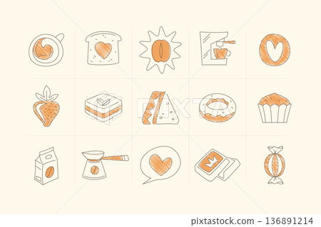 Hand Drawn Coffee Cake Baking Sketch Set With Heart And Various Treats Hand Drawn Coffee Cake Baking Sketch Set With Heart And Various Treats 136891214